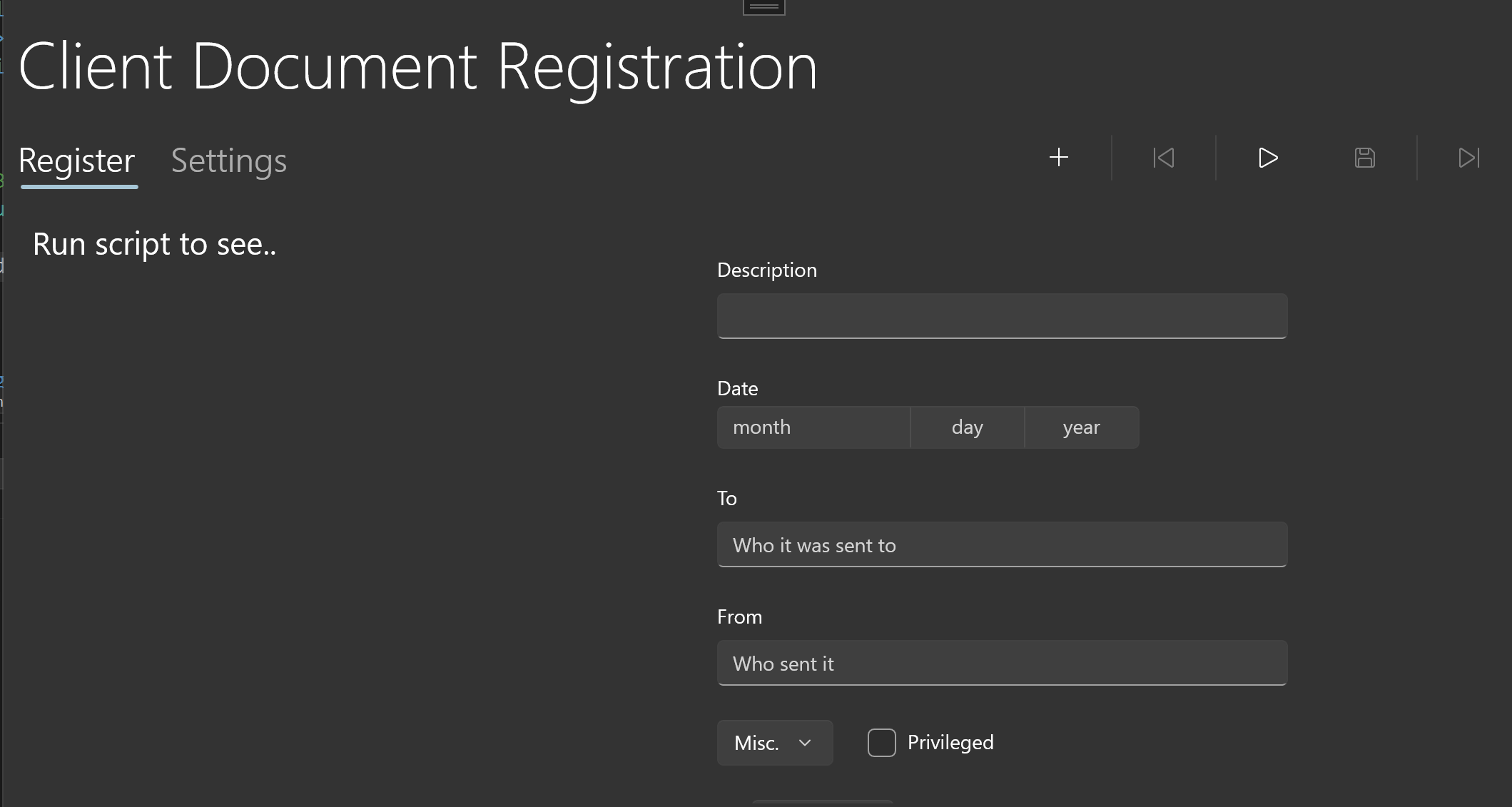 Document Register Screenshot